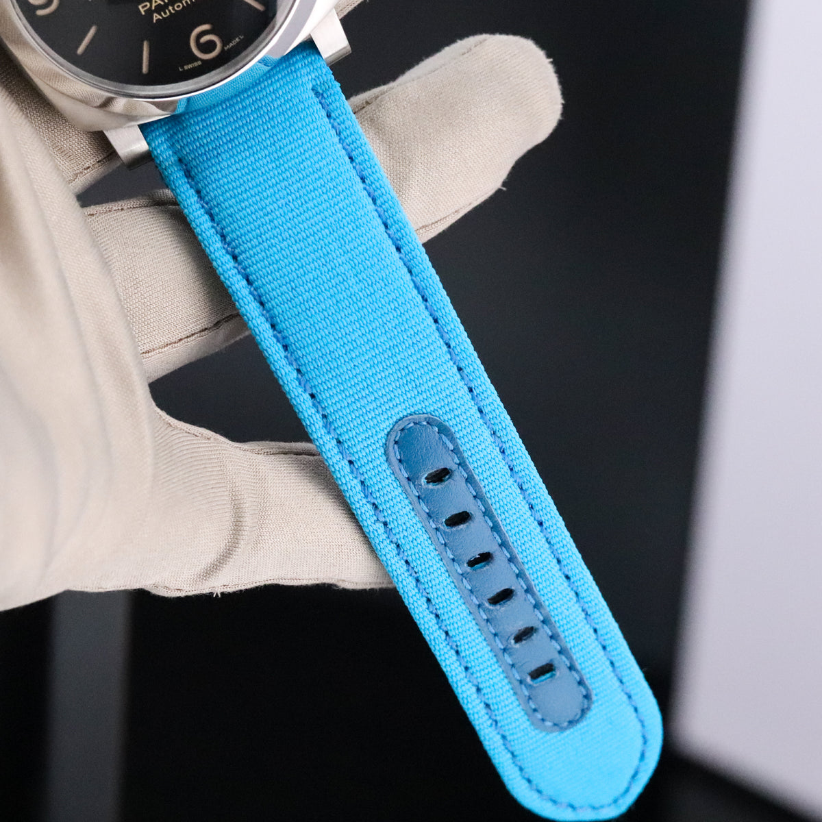 Panerai Luminor 1950 3 Days GMT Complete 44mm Steel Case Black Dial Smooth Bezel Blue Strap PAM01320