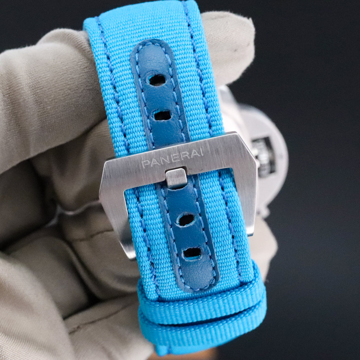 Panerai Luminor 1950 3 Days GMT Complete 44mm Steel Case Black Dial Smooth Bezel Blue Strap PAM01320