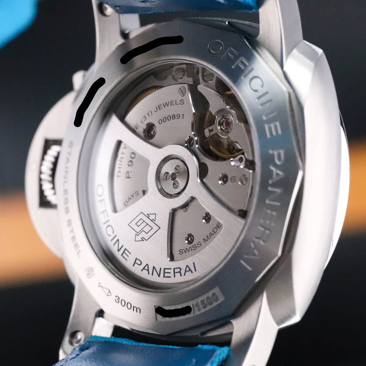 Panerai Luminor 1950 3 Days GMT Complete 44mm Steel Case Black Dial Smooth Bezel Blue Strap PAM01320