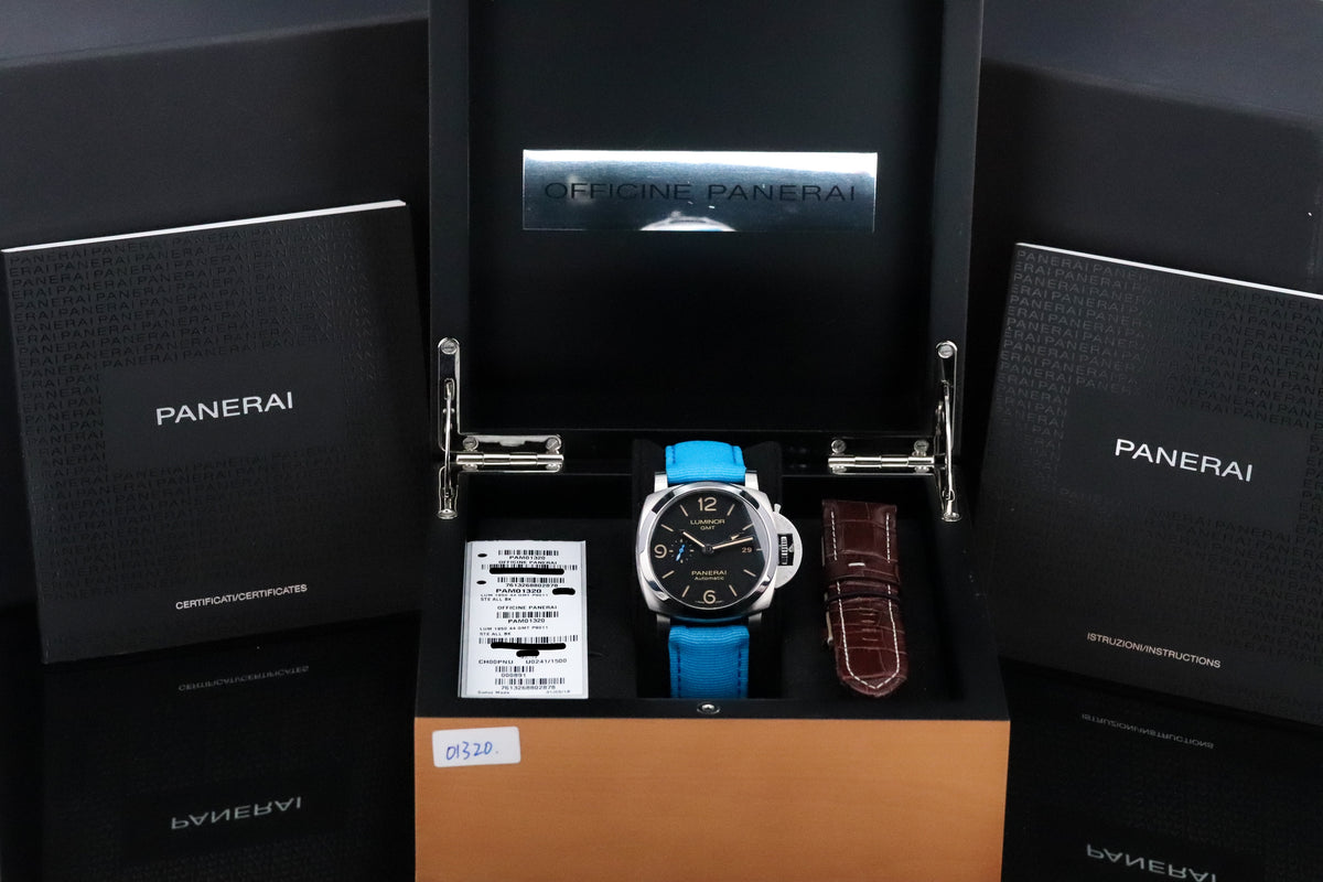 Panerai Luminor 1950 3 Days GMT Complete 44mm Steel Case Black Dial Smooth Bezel Blue Strap PAM01320