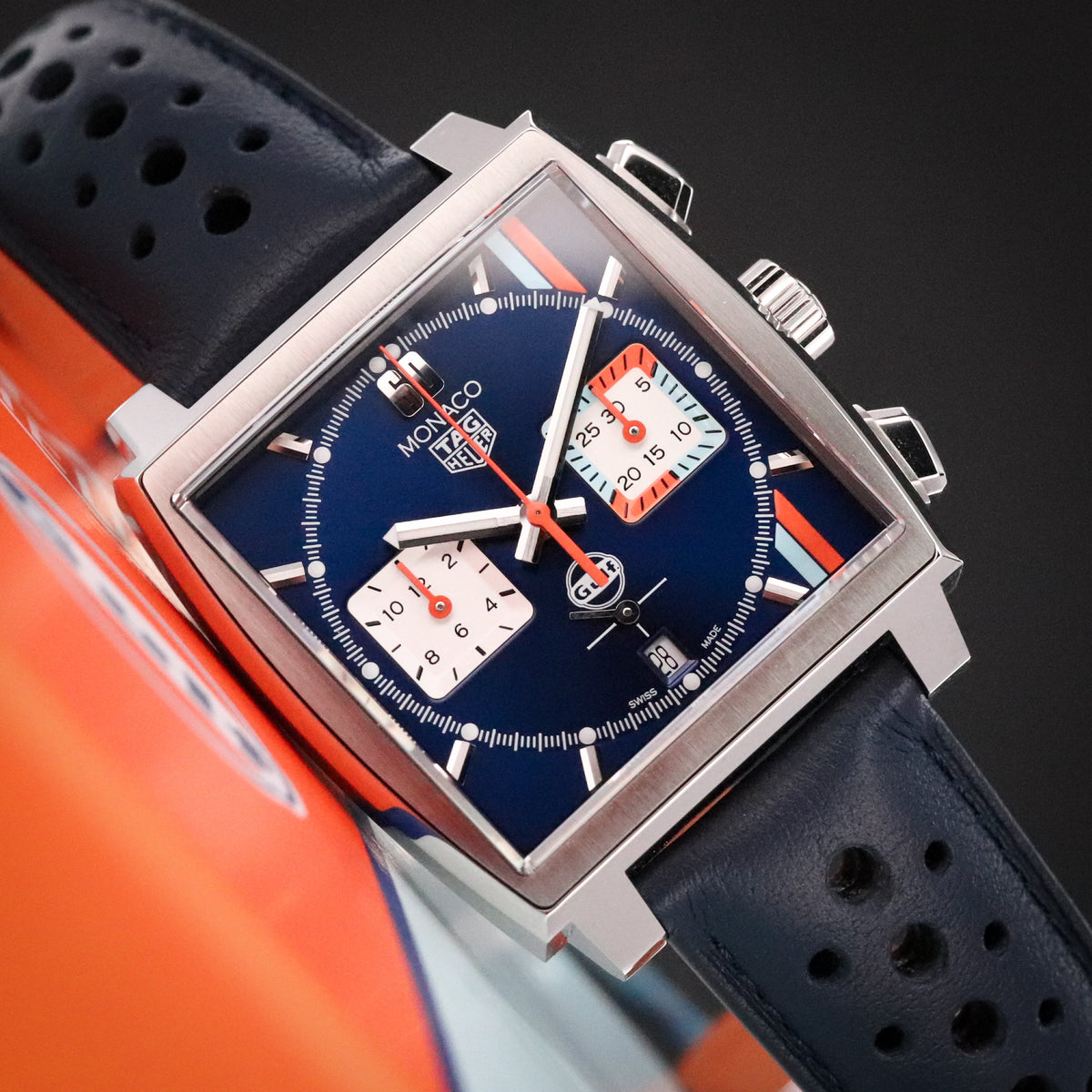 Tag Heuer Monaco Gulf 2025 Complete 39mm Steel Case Blue Sunray Dial Steel Bezel Blue Leather Strap CBL2115.FC6494