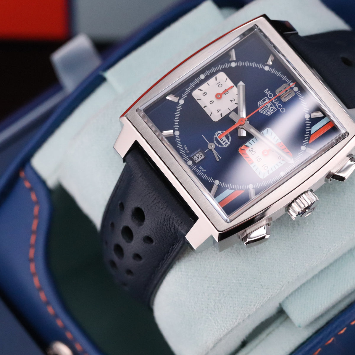 Tag Heuer Monaco Gulf 2025 Complete 39mm Steel Case Blue Sunray Dial Steel Bezel Blue Leather Strap CBL2115.FC6494