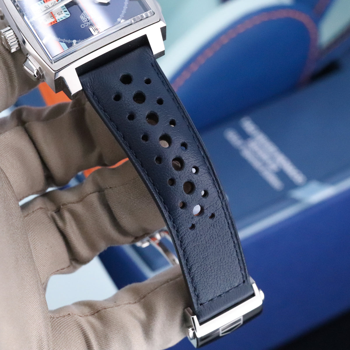 Tag Heuer Monaco Gulf 2025 Complete 39mm Steel Case Blue Sunray Dial Steel Bezel Blue Leather Strap CBL2115.FC6494