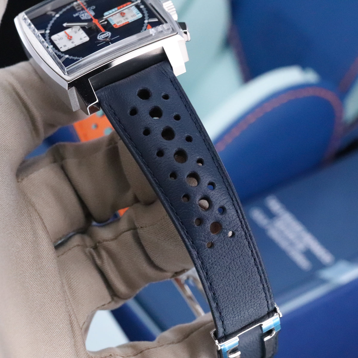 Tag Heuer Monaco Gulf 2025 Complete 39mm Steel Case Blue Sunray Dial Steel Bezel Blue Leather Strap CBL2115.FC6494