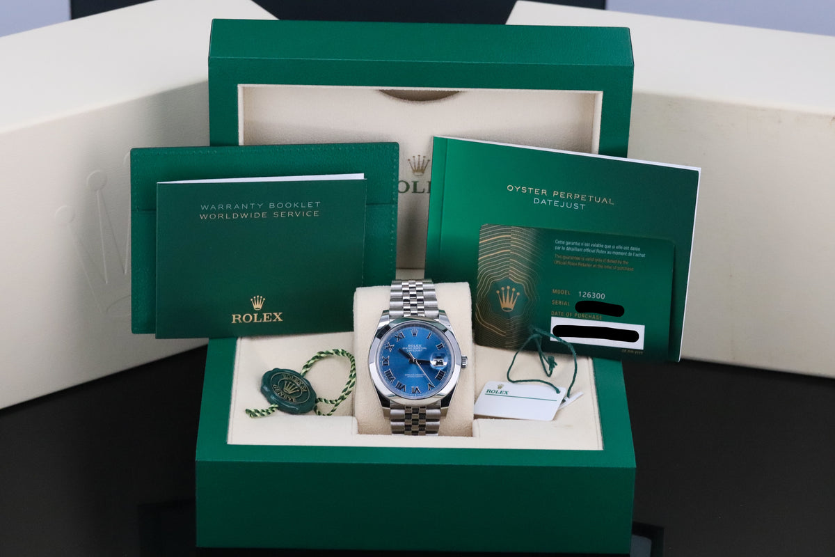 Rolex Datejust [2025 Complete] 41mm Steel Case Blue Roman Dial Smooth Bezel Jubilee Bracelet 126300