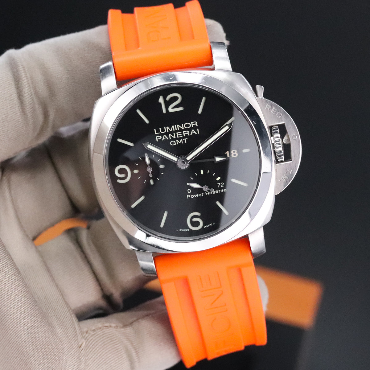 Panerai Luminor Marina 1950 Complete 44mm Steel Case Black Dial Smooth Silver Bezel Orange Strap PAM00321