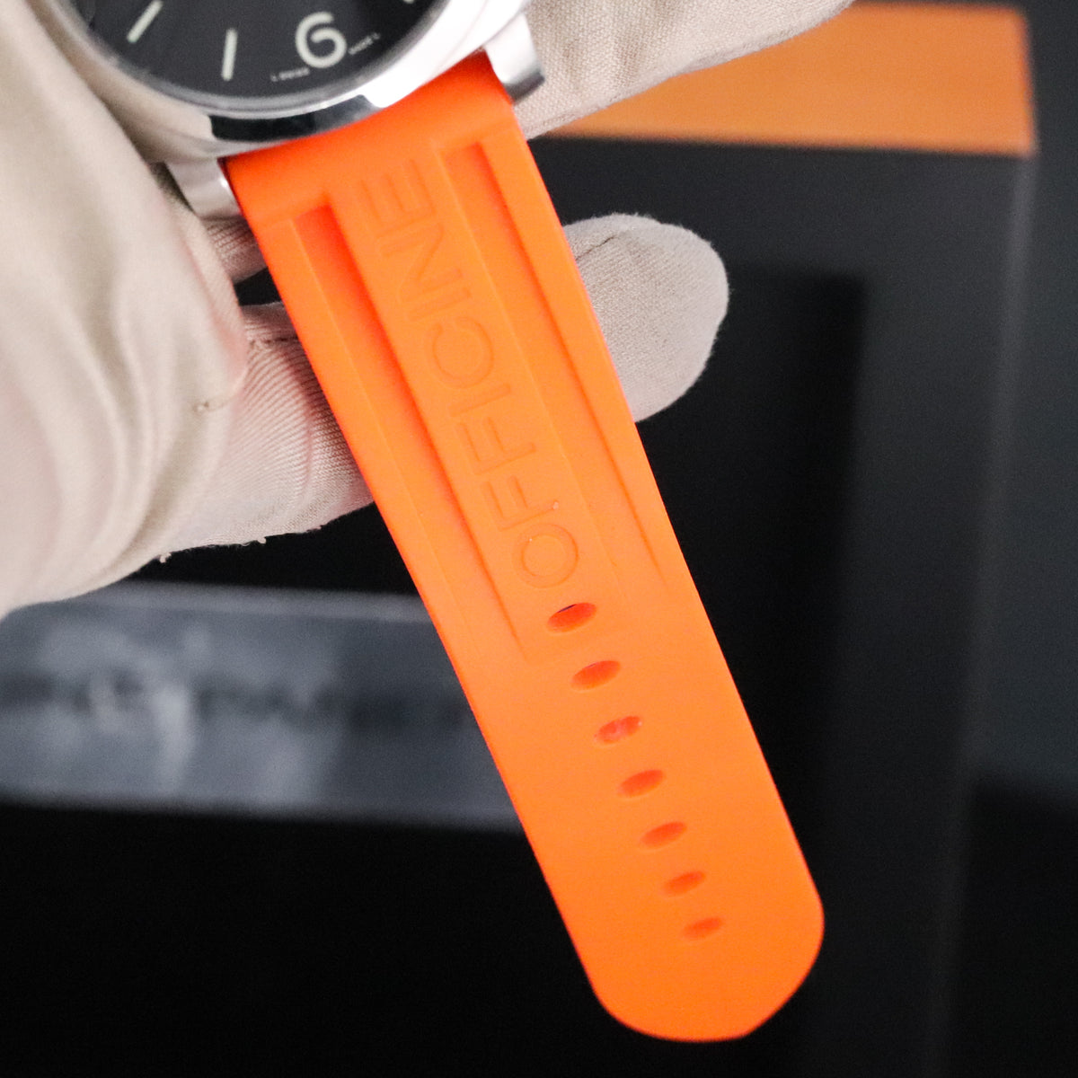 Panerai Luminor Marina 1950 Complete 44mm Steel Case Black Dial Smooth Silver Bezel Orange Strap PAM00321