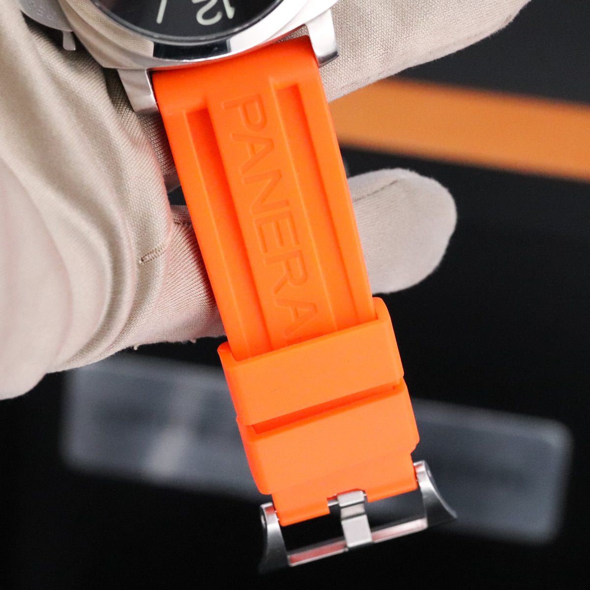 Panerai Luminor Marina 1950 Complete 44mm Steel Case Black Dial Smooth Silver Bezel Orange Strap PAM00321