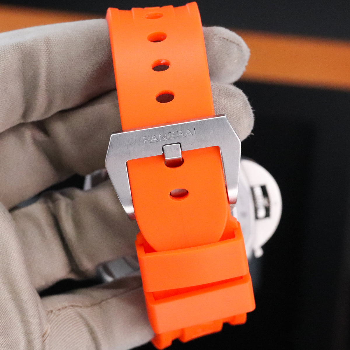 Panerai Luminor Marina 1950 Complete 44mm Steel Case Black Dial Smooth Silver Bezel Orange Strap PAM00321