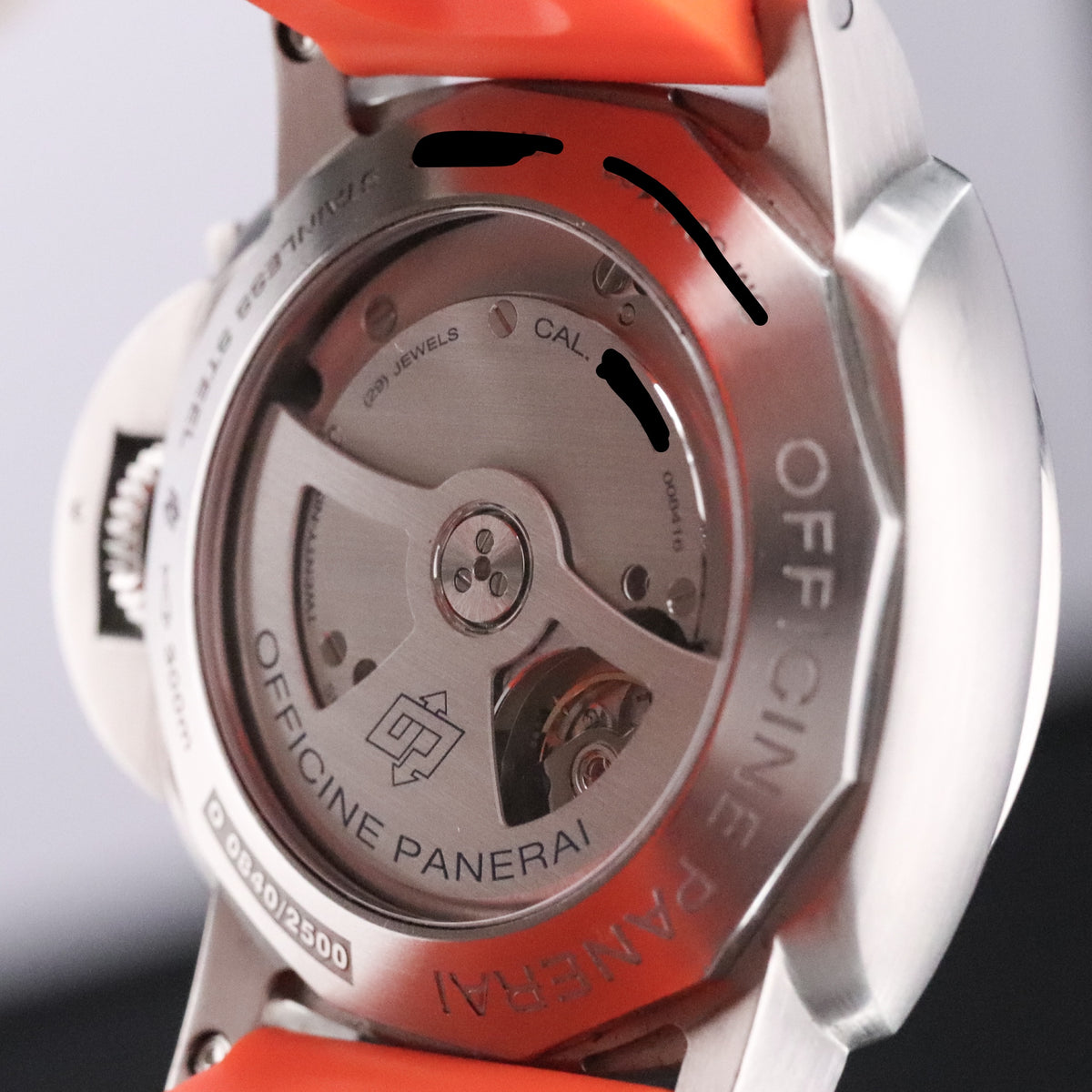 Panerai Luminor Marina 1950 Complete 44mm Steel Case Black Dial Smooth Silver Bezel Orange Strap PAM00321