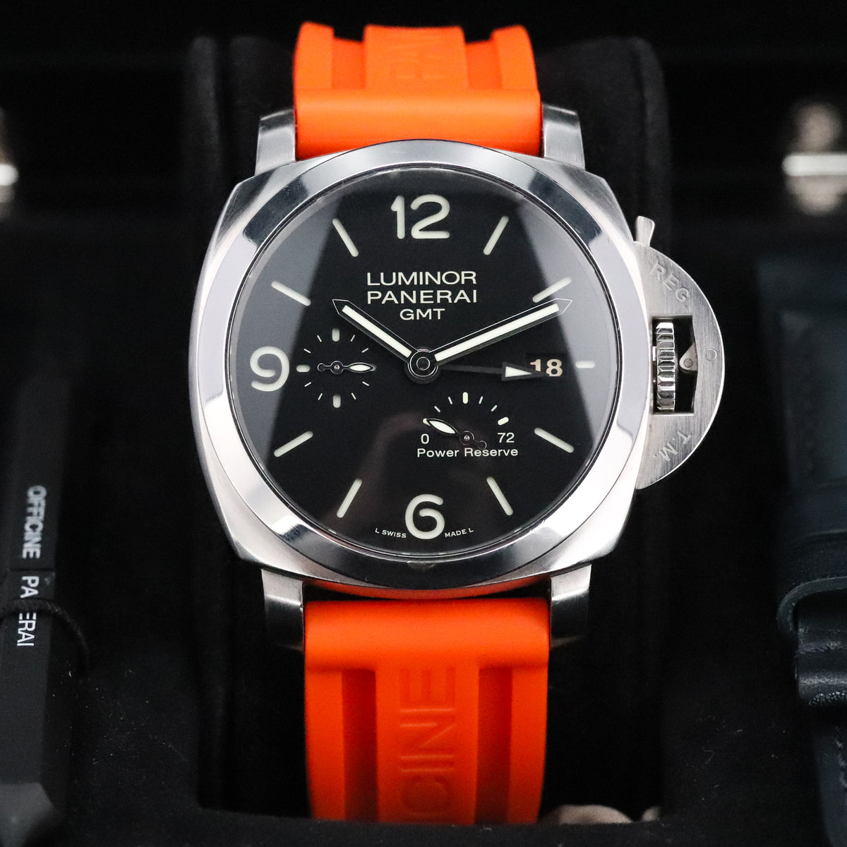 Panerai Luminor Marina 1950 Complete 44mm Steel Case Black Dial Smooth Silver Bezel Orange Strap PAM00321
