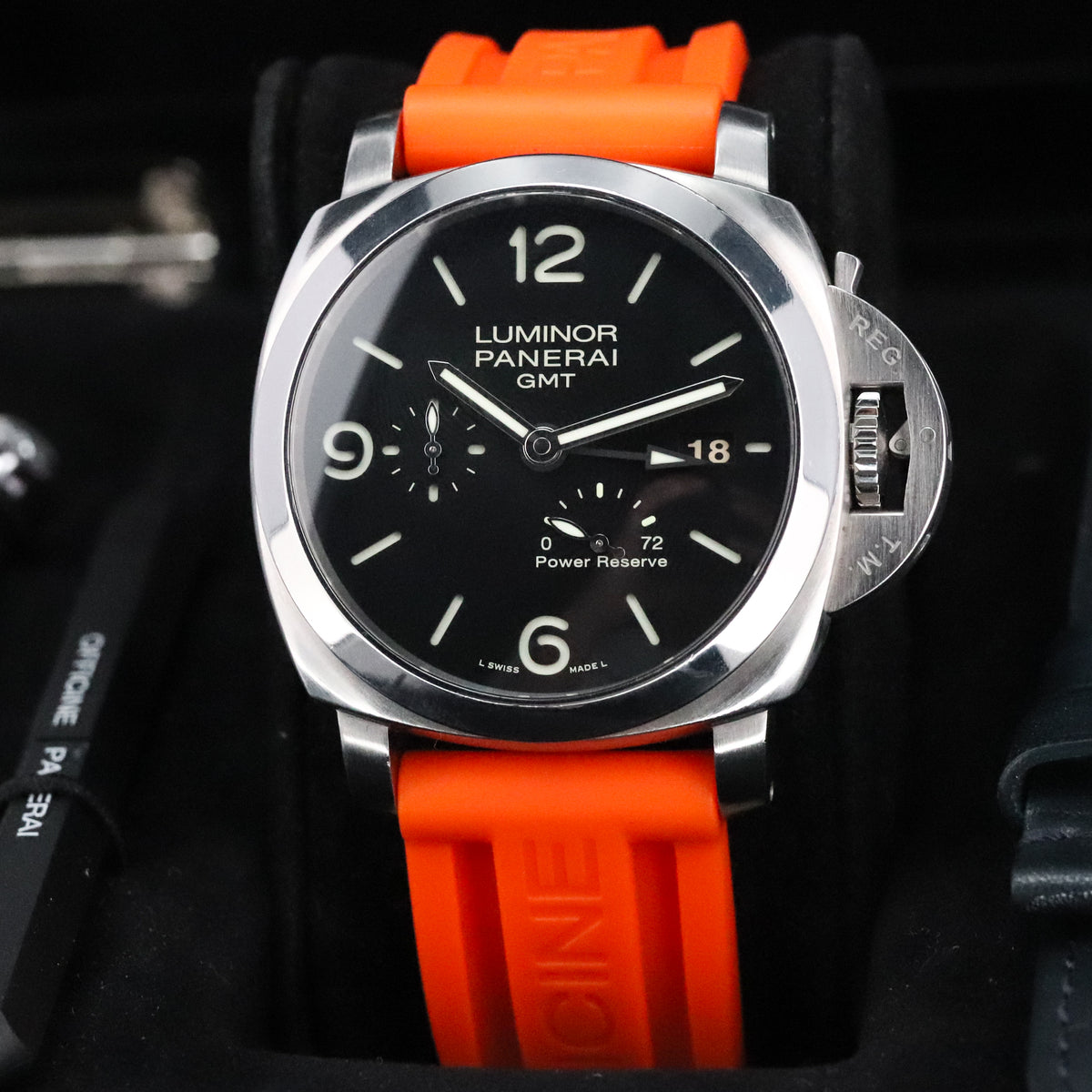 Panerai Luminor Marina 1950 Complete 44mm Steel Case Black Dial Smooth Silver Bezel Orange Strap PAM00321