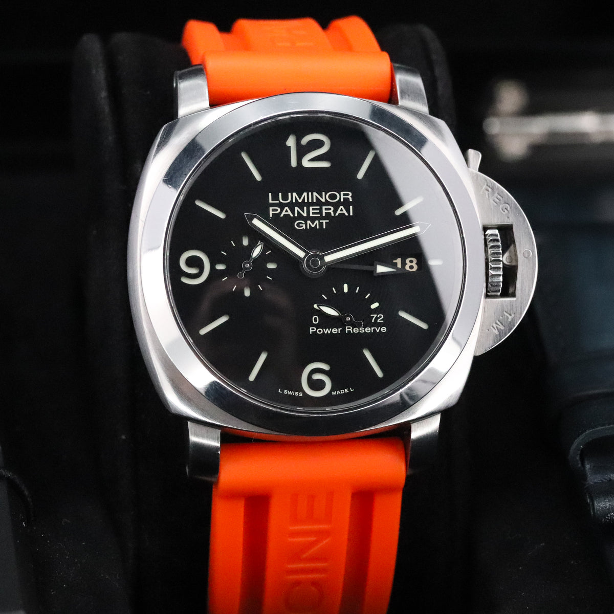 Panerai Luminor Marina 1950 Complete 44mm Steel Case Black Dial Smooth Silver Bezel Orange Strap PAM00321
