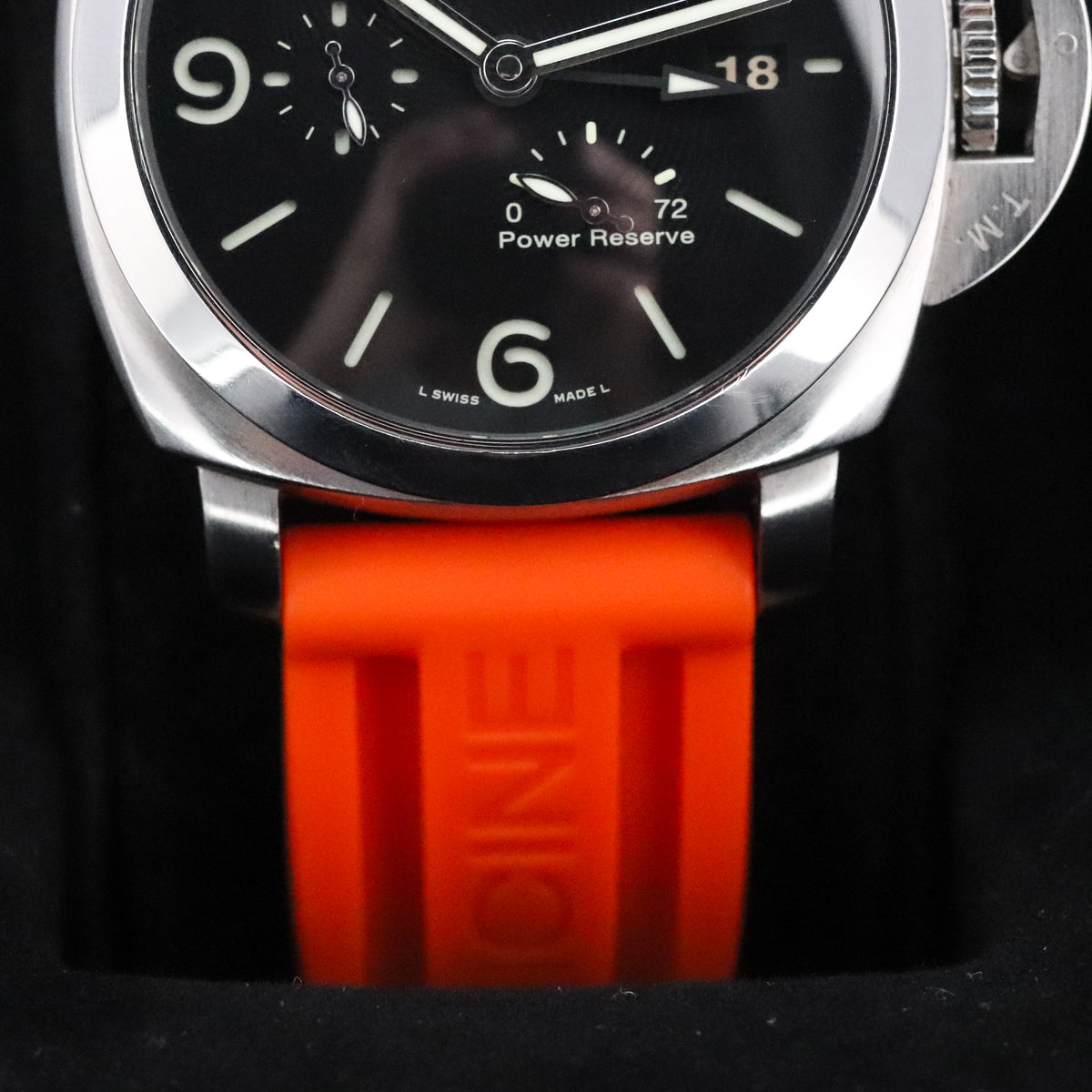 Panerai Luminor Marina 1950 Complete 44mm Steel Case Black Dial Smooth Silver Bezel Orange Strap PAM00321