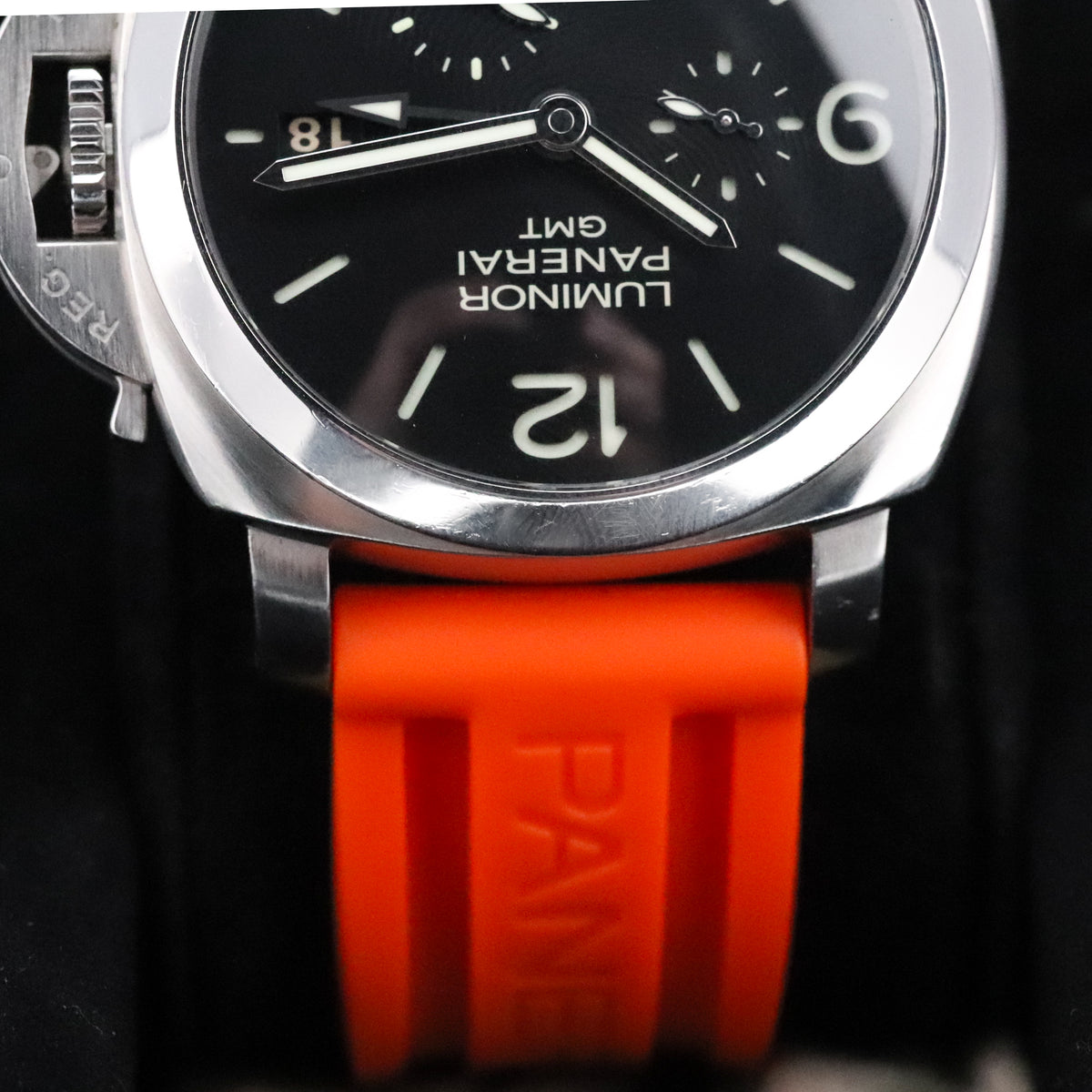 Panerai Luminor Marina 1950 Complete 44mm Steel Case Black Dial Smooth Silver Bezel Orange Strap PAM00321