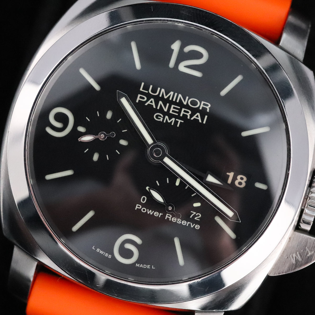 Panerai Luminor Marina 1950 Complete 44mm Steel Case Black Dial Smooth Silver Bezel Orange Strap PAM00321