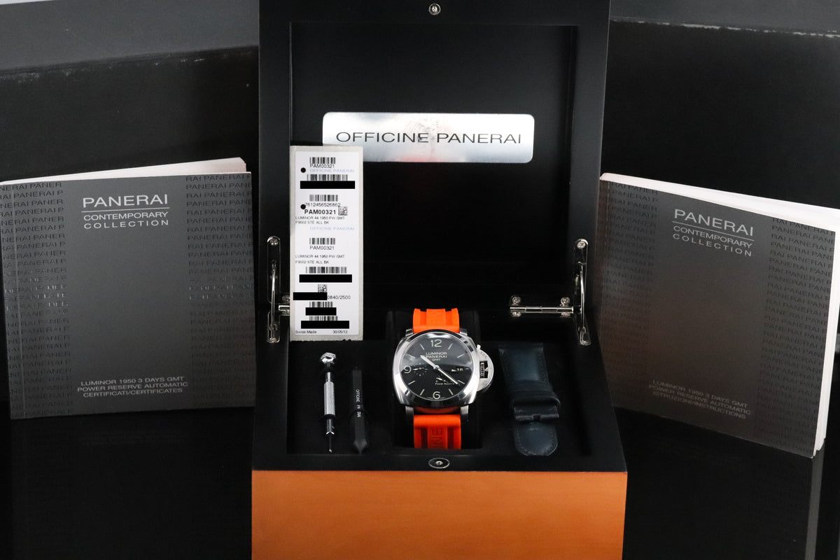 Panerai Luminor Marina 1950 Complete 44mm Steel Case Black Dial Smooth Silver Bezel Orange Strap PAM00321