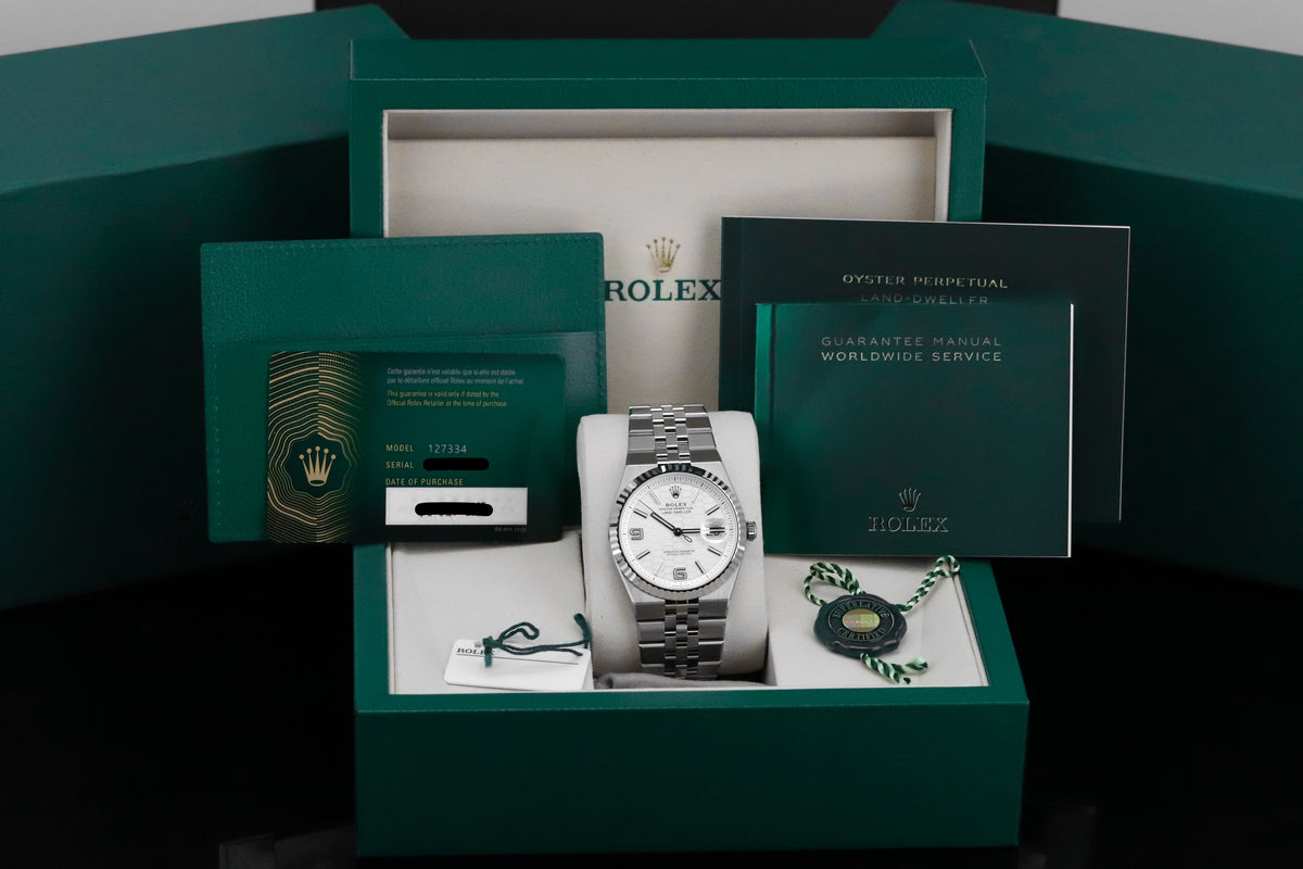 Rolex Land-Dweller [2025 Complete] 40mm Steel Case White Honeycomb Motif Dial White Gold Fluted Bezel Integrated Flat Jubilee Bracelet 127334