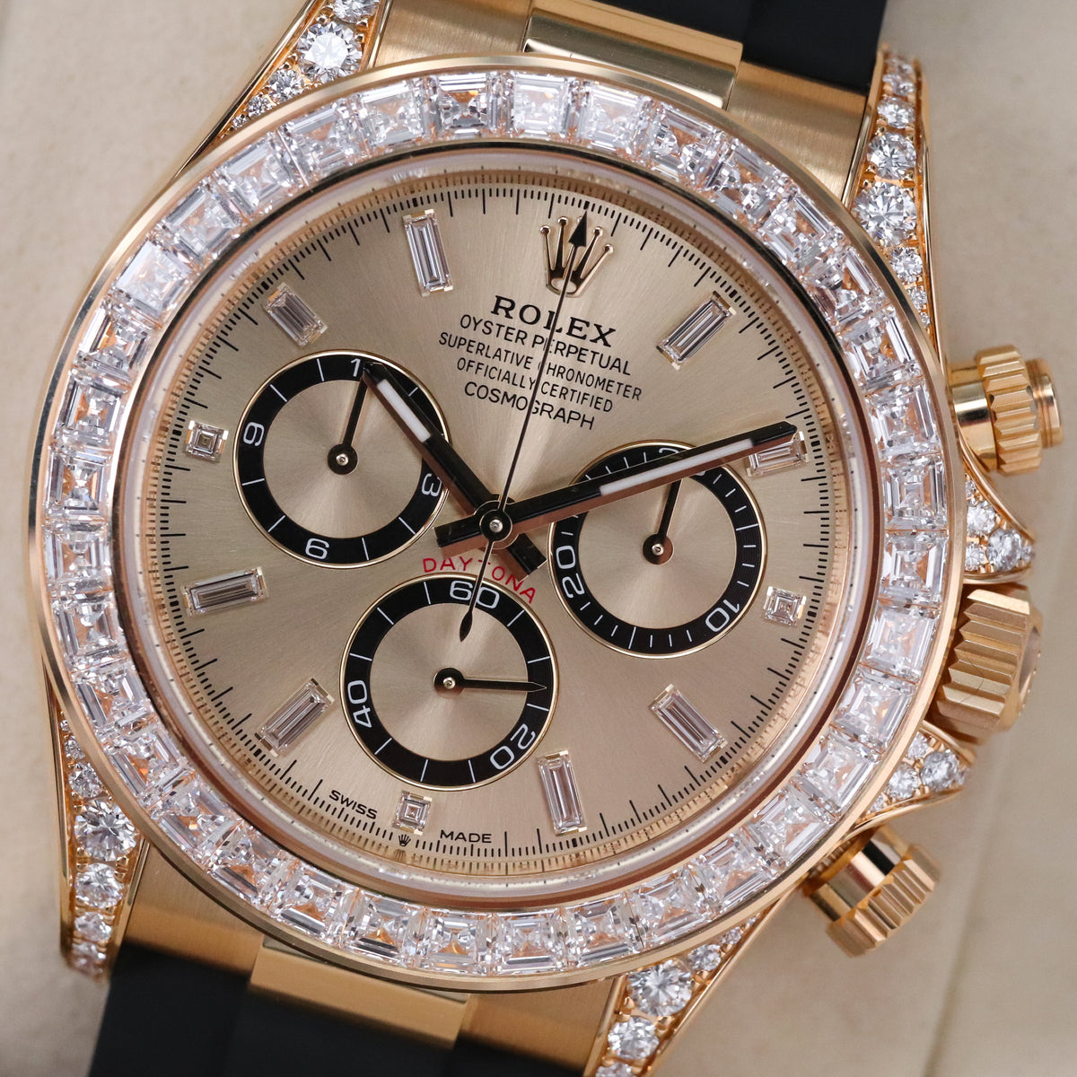 Rolex Daytona Cosmograph [2025 Complete] 40mm Yellow Gold Case Champagne Dial 18k Diamond Bezel Rubber Strap 126538TBR