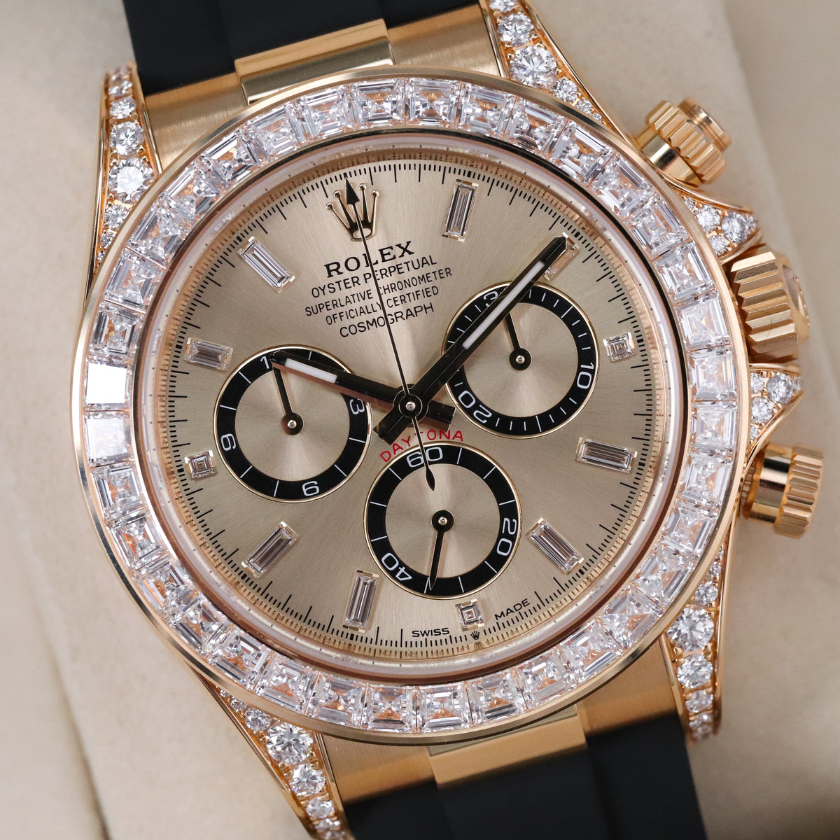 Rolex Daytona Cosmograph [2025 Complete] 40mm Yellow Gold Case Champagne Dial 18k Diamond Bezel Rubber Strap 126538TBR