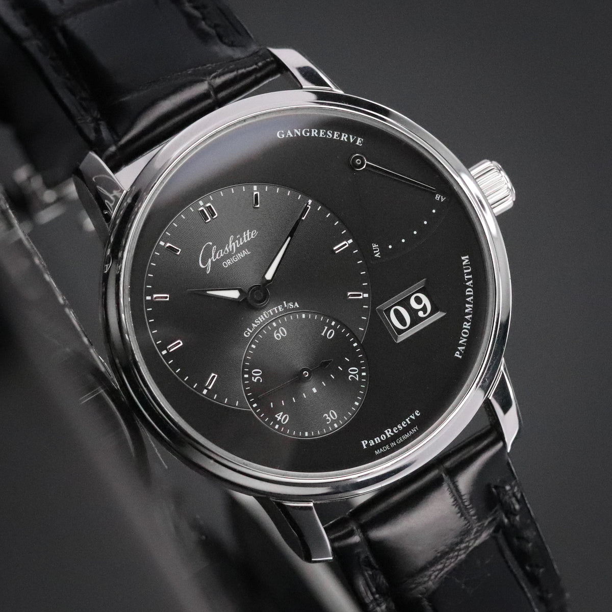 Glashütte Original PanoReserve 40mm Stainless Steel Case Dark Gray Dial Leather Alligator Strap Deployment Clasp  1-65-01-23-12-62