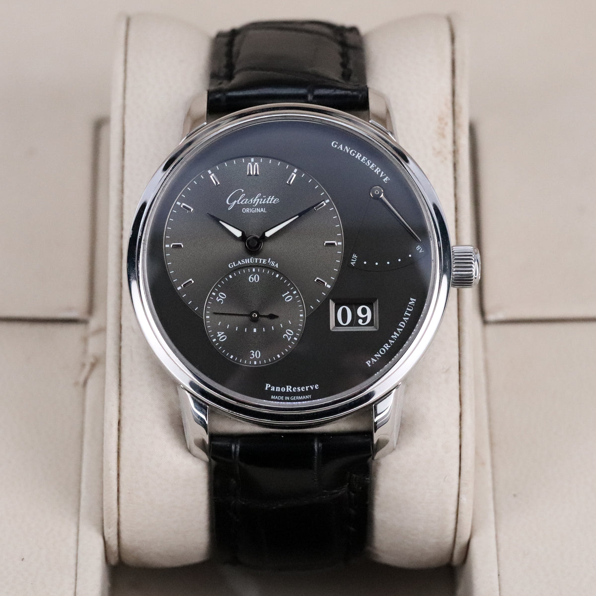 Glashütte Original PanoReserve 40mm Stainless Steel Case Dark Gray Dial Leather Alligator Strap Deployment Clasp  1-65-01-23-12-62