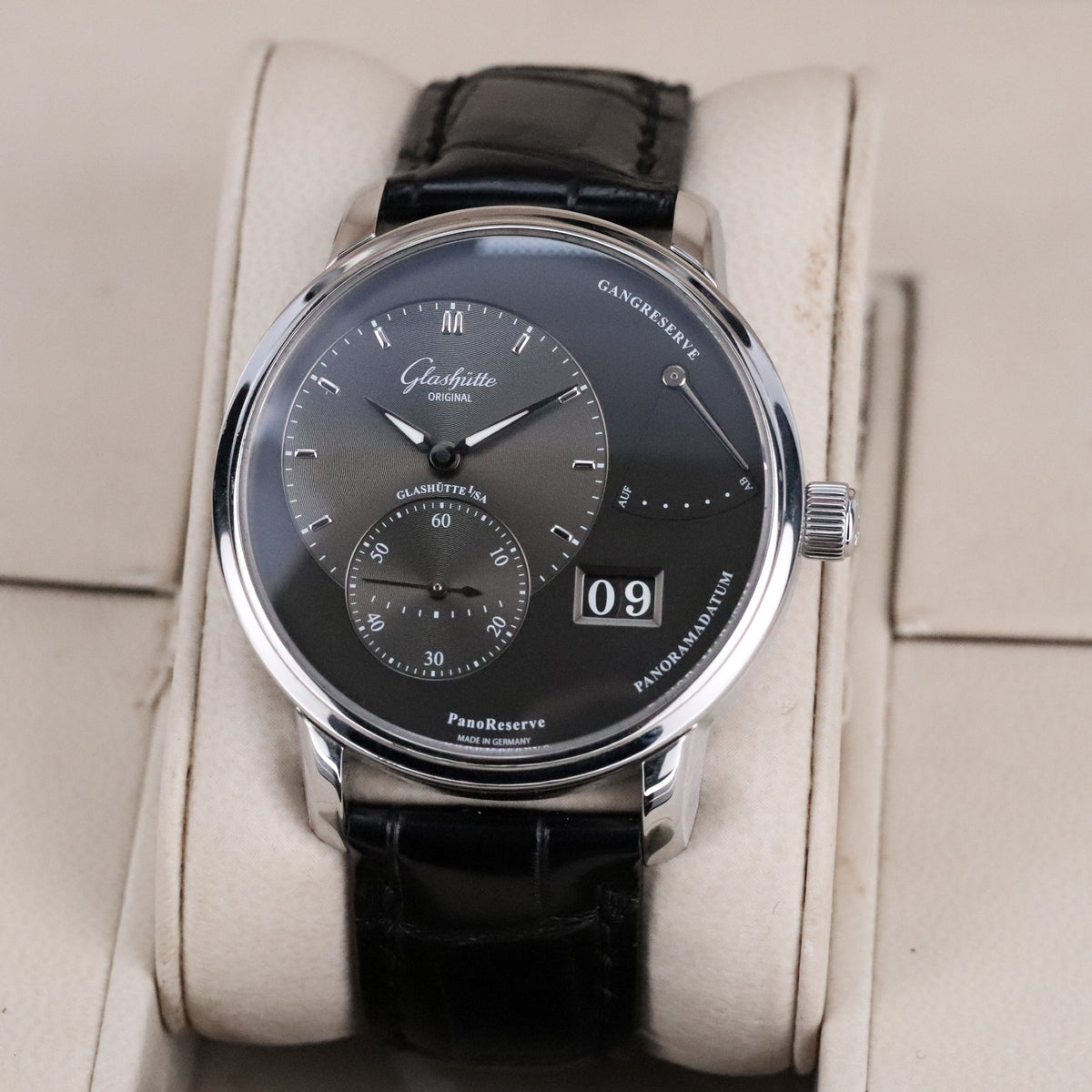 Glashütte Original PanoReserve 40mm Stainless Steel Case Dark Gray Dial Leather Alligator Strap Deployment Clasp  1-65-01-23-12-62