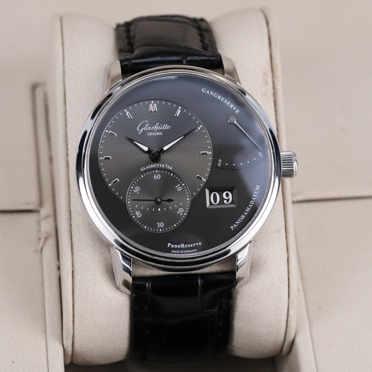 Glashütte Original PanoReserve 40mm Stainless Steel Case Dark Gray Dial Leather Alligator Strap Deployment Clasp  1-65-01-23-12-62