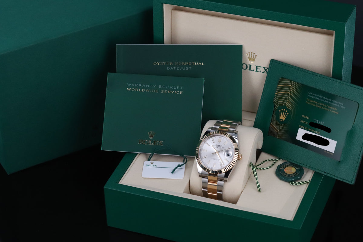 Rolex Datejust 41 2025 Complete 41mm Two Tone Steel Yellow Gold Silver Dial Yellow Gold Fluted Bezel Two Tone Bracelet 126333