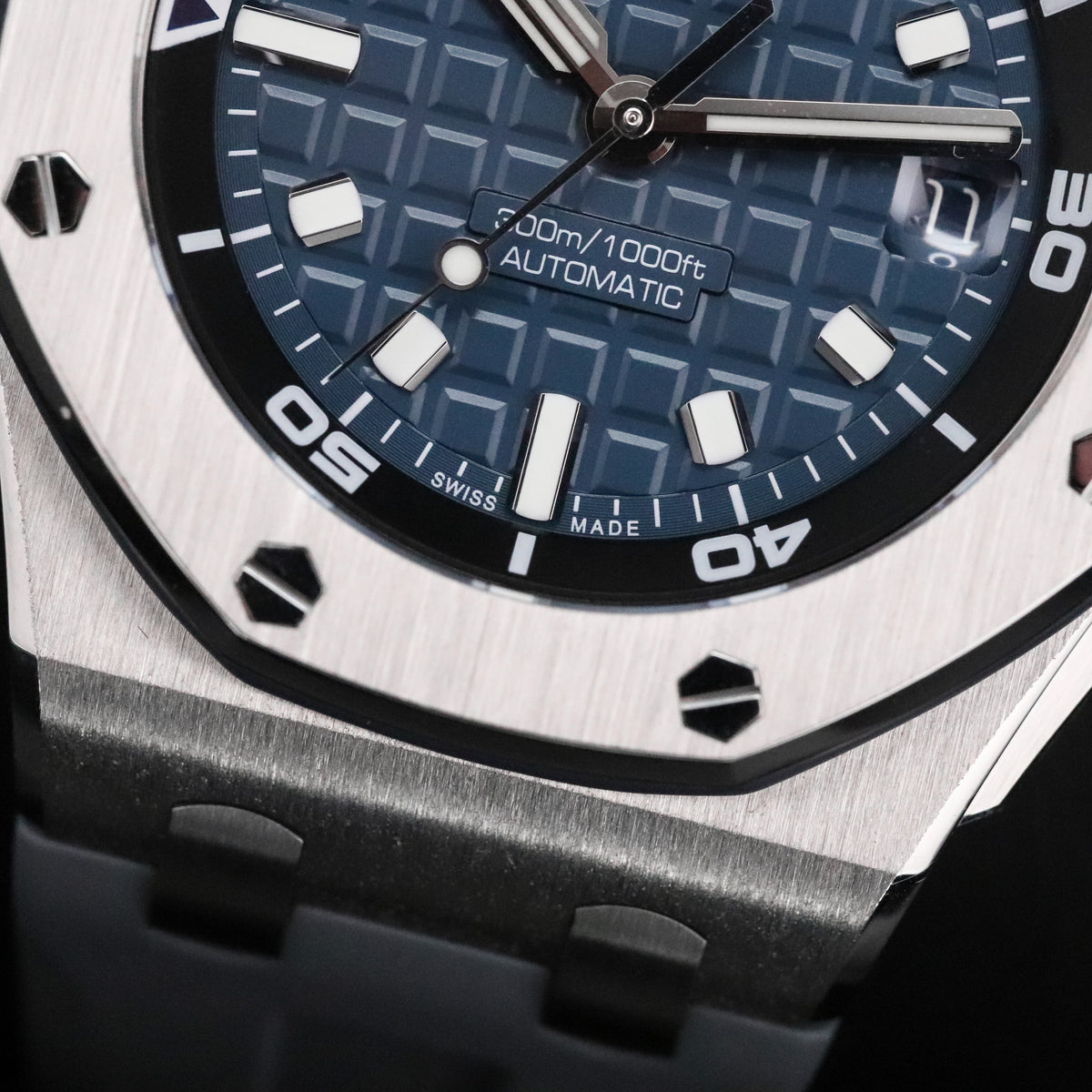 Audemars Piguet Royal Oak Offshore Diver [2022 COMPLETE] 42mm Steel Case Blue Tapisserie Dial Silver Steel Bezel Blue Strap 15720ST