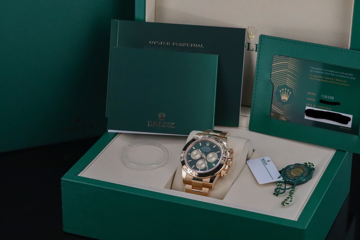 Rolex Daytona John Mayer 2025 Complete 40mm Yellow Gold Green Dial Yellow Gold Bezel and Bracelet 126508