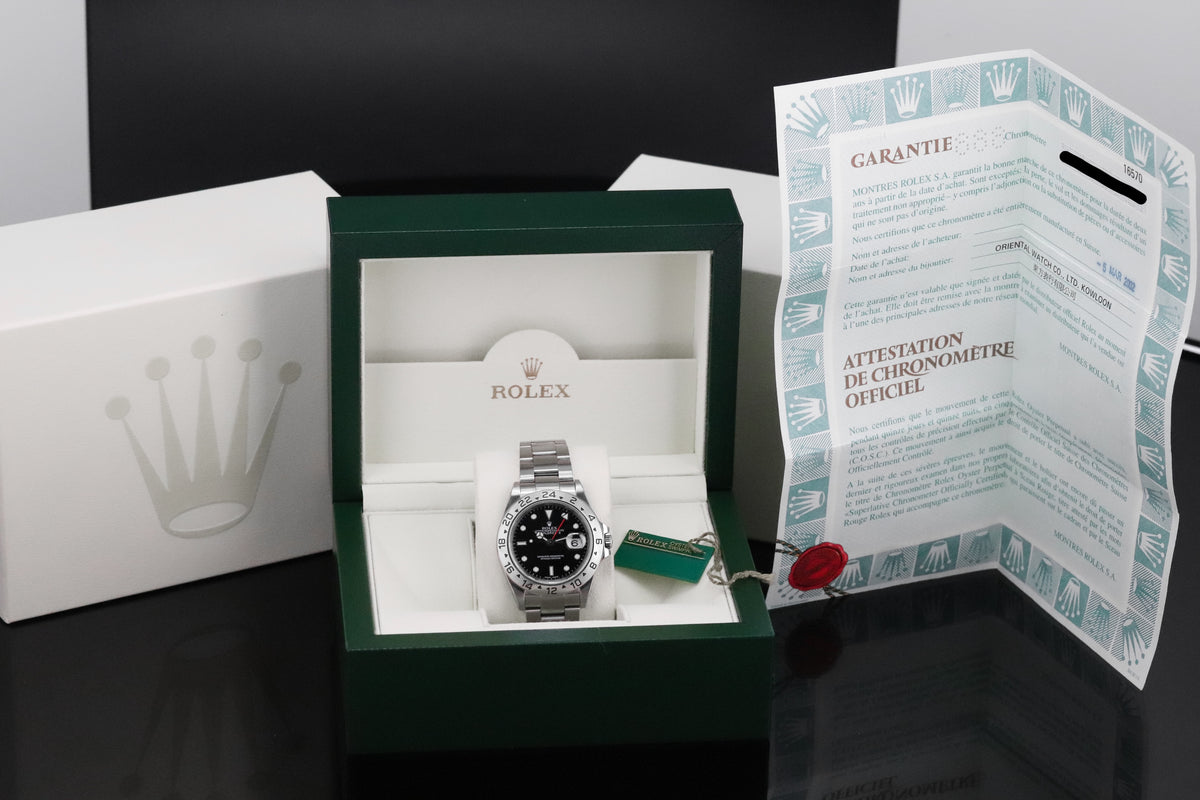 Rolex Explorer II Complete 40mm Steel Case Black Dial Silver Steel Bezel Oyster Bracelet 16570