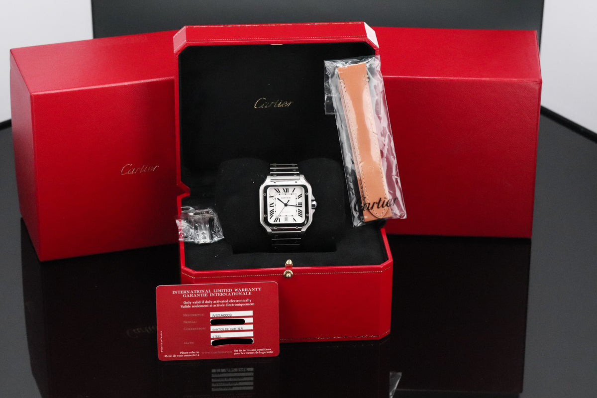 Cartier Santos De Cartier Complete 39.8mm Steel Case White Dial Silver Steel Bezel Steel Bracelet WSSA0009