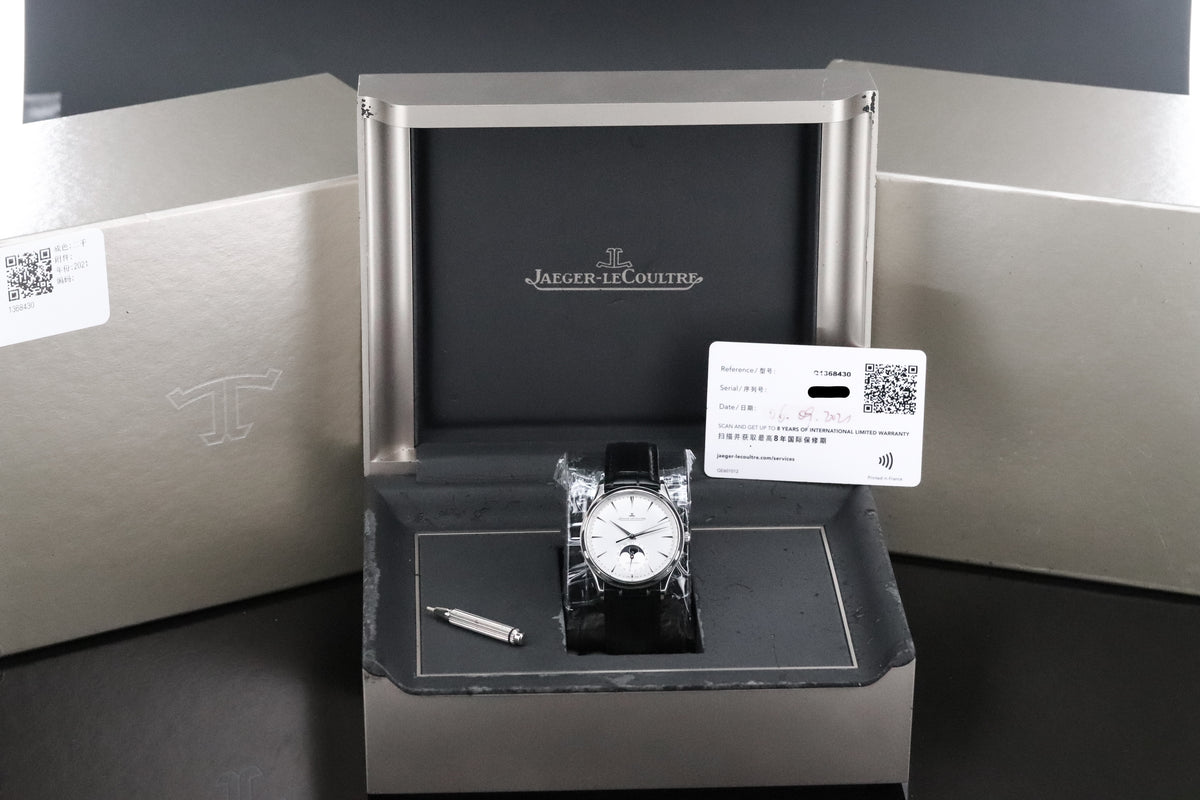Jaeger-LeCoultre Master Ultra Thin [2021 Complete] 39mm Steel Case White Dial Moonphase Silver Steel Bezel Leather Strap Q1368430