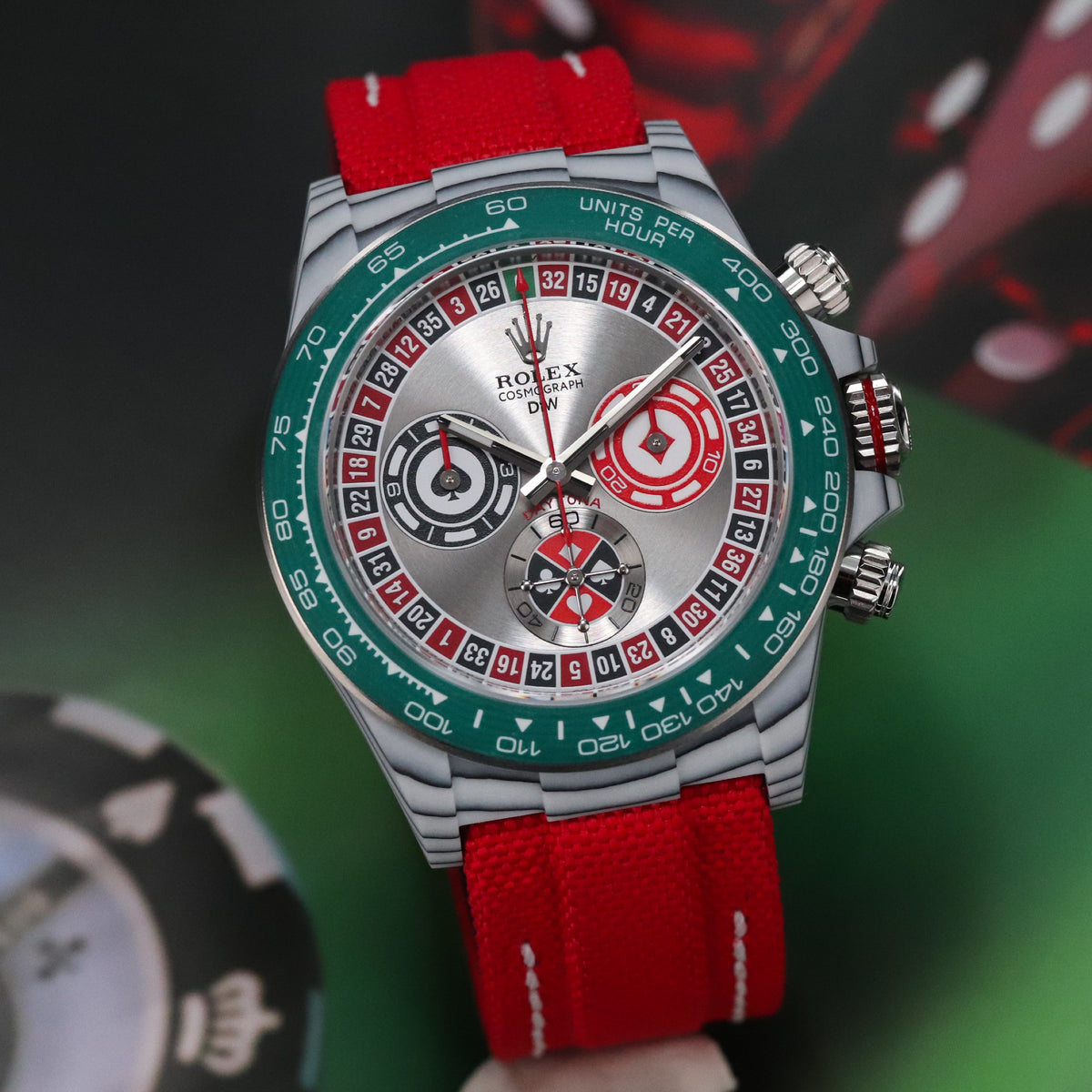 Rolex Daytona DIW Lucky Players Roulette 2026 Complete 40mm Quartz Fiber Case with Red and Green Accents Dial Green Fiber Bezel Red Fabric Velcro Strap