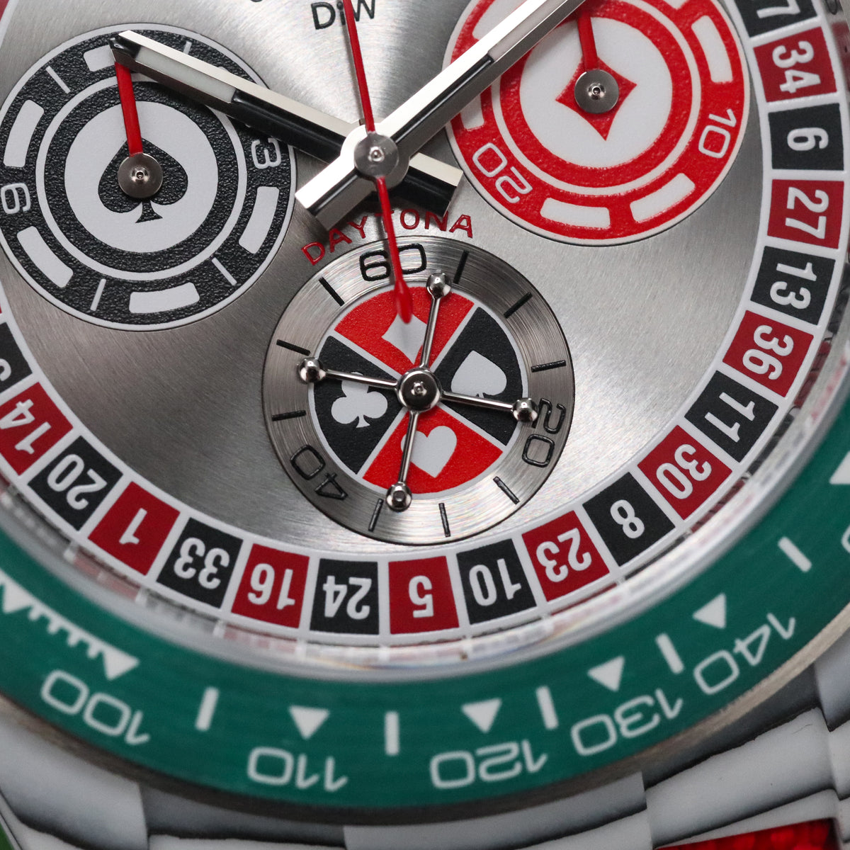 Rolex Daytona DIW Lucky Players Roulette 2026 Complete 40mm Quartz Fiber Case with Red and Green Accents Dial Green Fiber Bezel Red Fabric Velcro Strap