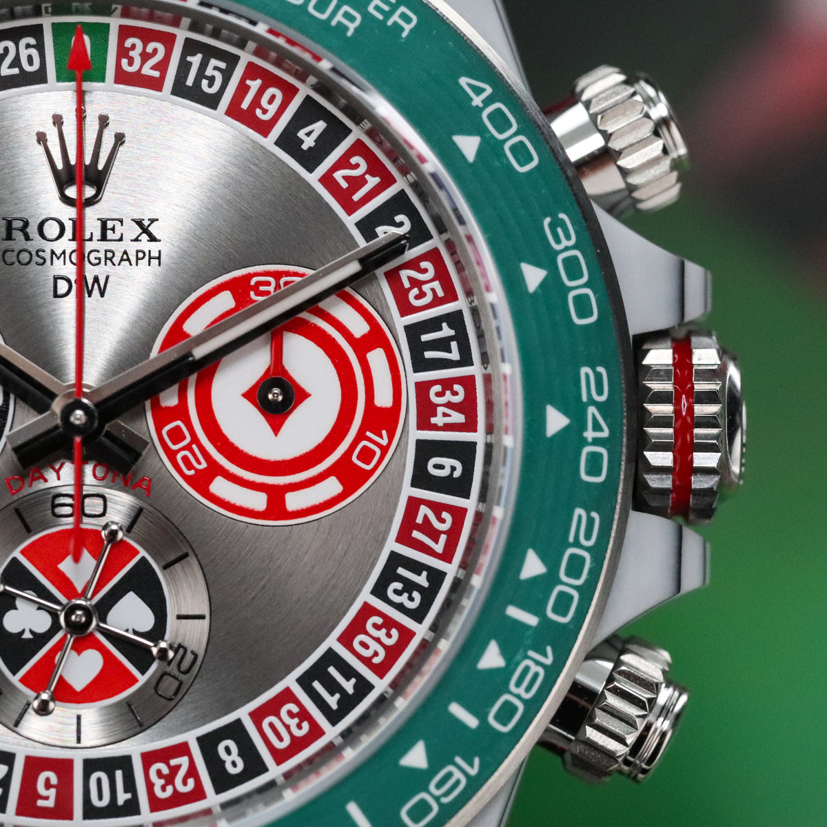 Rolex Daytona DIW Lucky Players Roulette 2026 Complete 40mm Quartz Fiber Case with Red and Green Accents Dial Green Fiber Bezel Red Fabric Velcro Strap