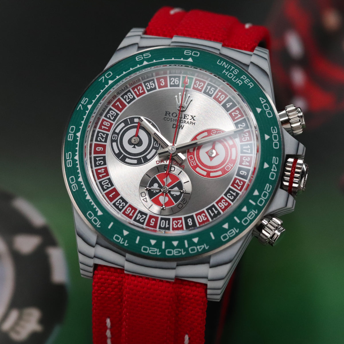 Rolex Daytona DIW Lucky Players Roulette 2026 Complete 40mm Quartz Fiber Case with Red and Green Accents Dial Green Fiber Bezel Red Fabric Velcro Strap