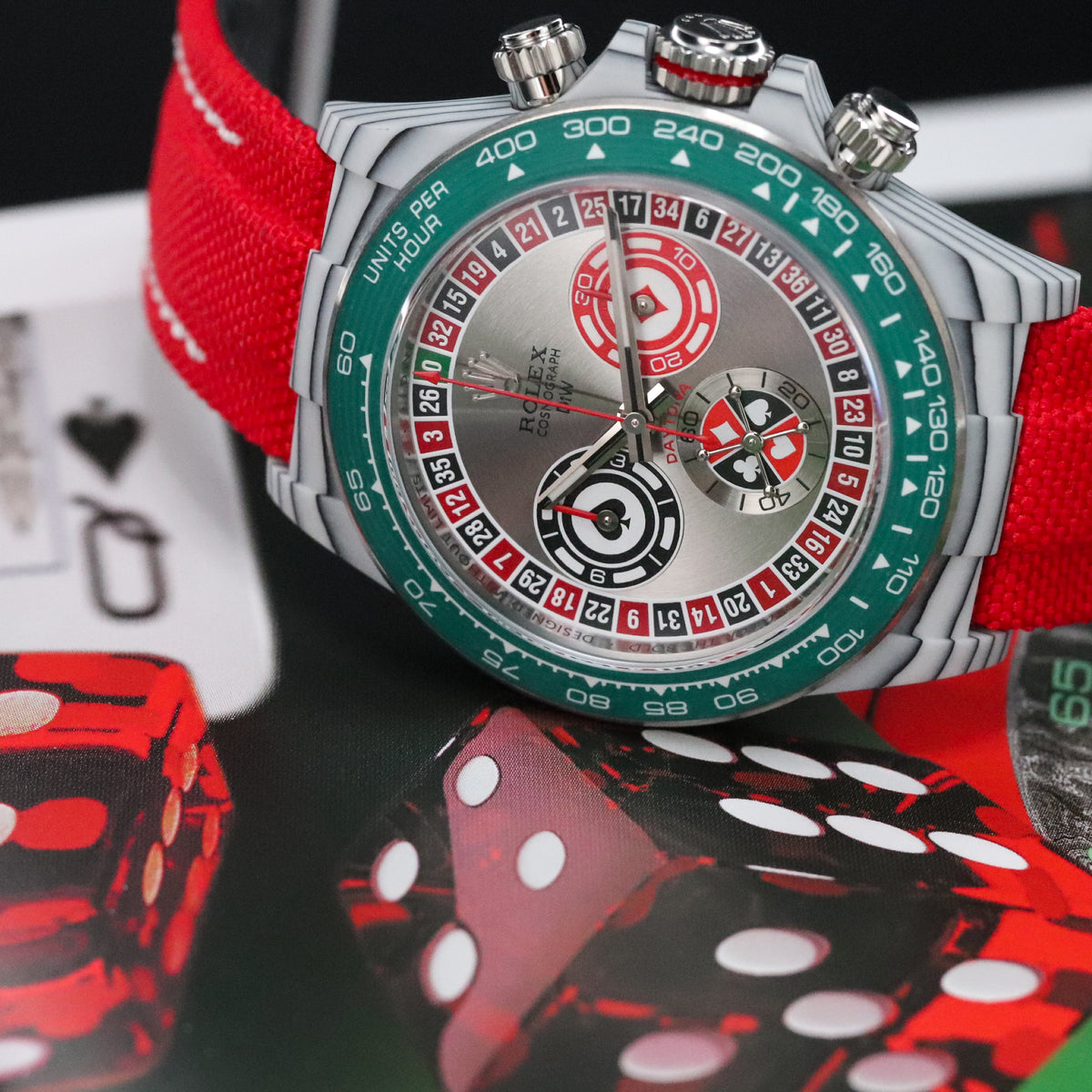 Rolex Daytona DIW Lucky Players Roulette 2026 Complete 40mm Quartz Fiber Case with Red and Green Accents Dial Green Fiber Bezel Red Fabric Velcro Strap