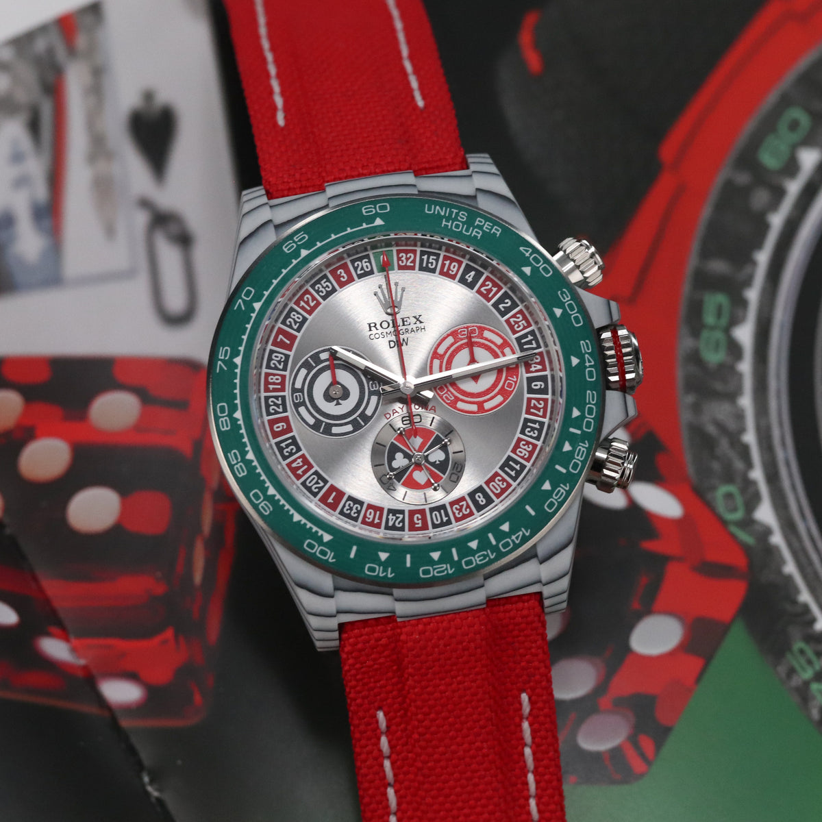 Rolex Daytona DIW Lucky Players Roulette 2026 Complete 40mm Quartz Fiber Case with Red and Green Accents Dial Green Fiber Bezel Red Fabric Velcro Strap
