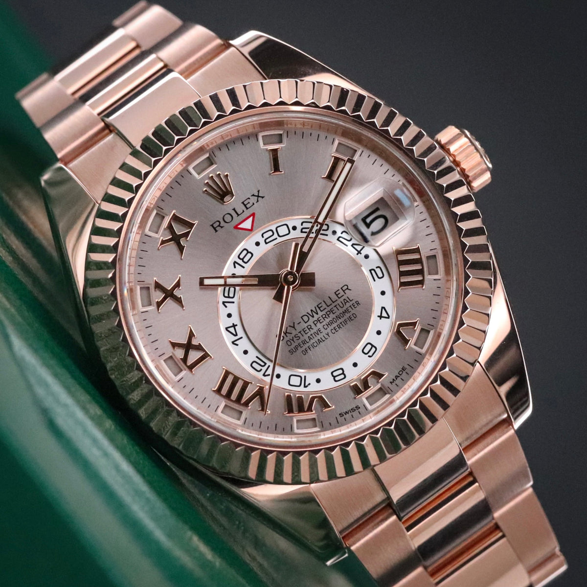 Rolex Sky-Dweller 42mm Sundust Rose Gold Roman Dial Fluted Gold Bezel 326935