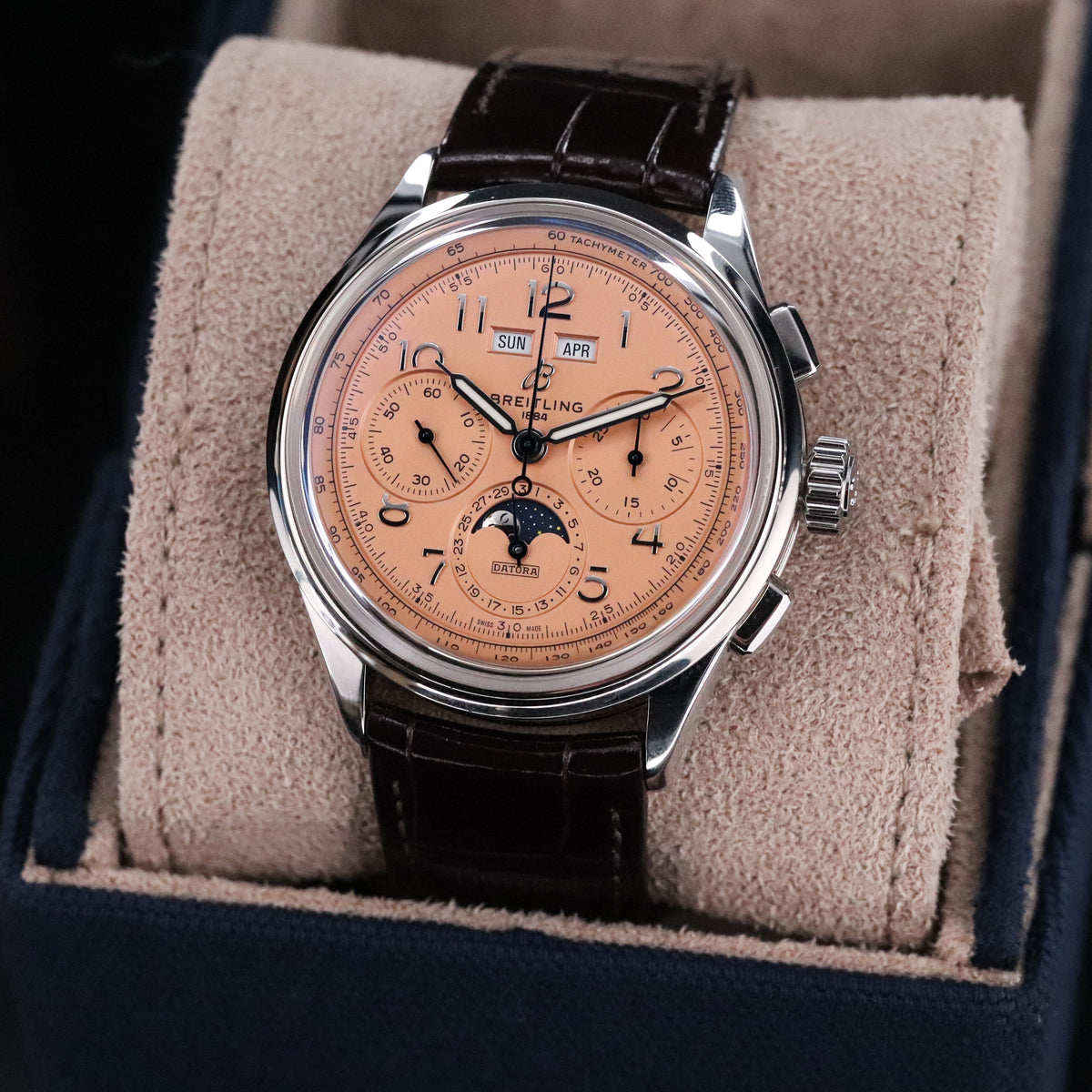 Breitling Premier B52 Datora [2025 Complete] 42mm Salmon Moonphase Chronograph Steel Leather AB2510