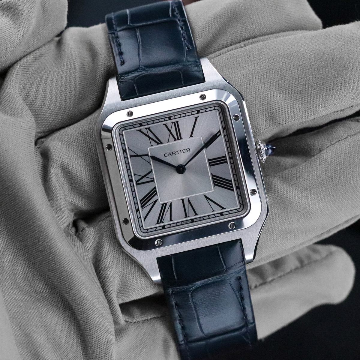 Cartier Santos Dumont Xl [2024 Complete] 33.9 mm x 46.6 mm Steel Roman Dial Blue Hands WSSA0032