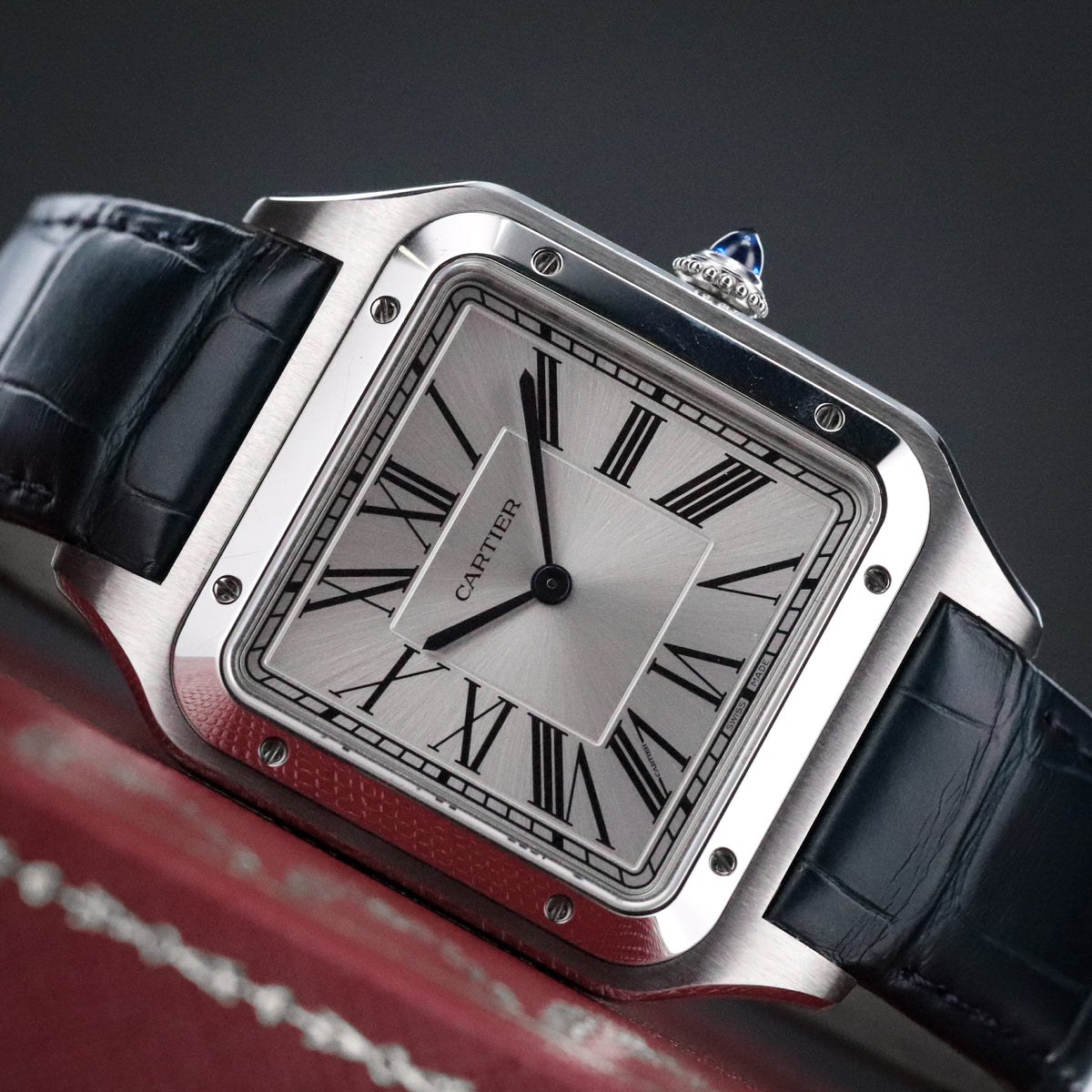 Cartier Santos Dumont Xl [2024 Complete] 33.9 mm x 46.6 mm Steel Roman Dial Blue Hands WSSA0032