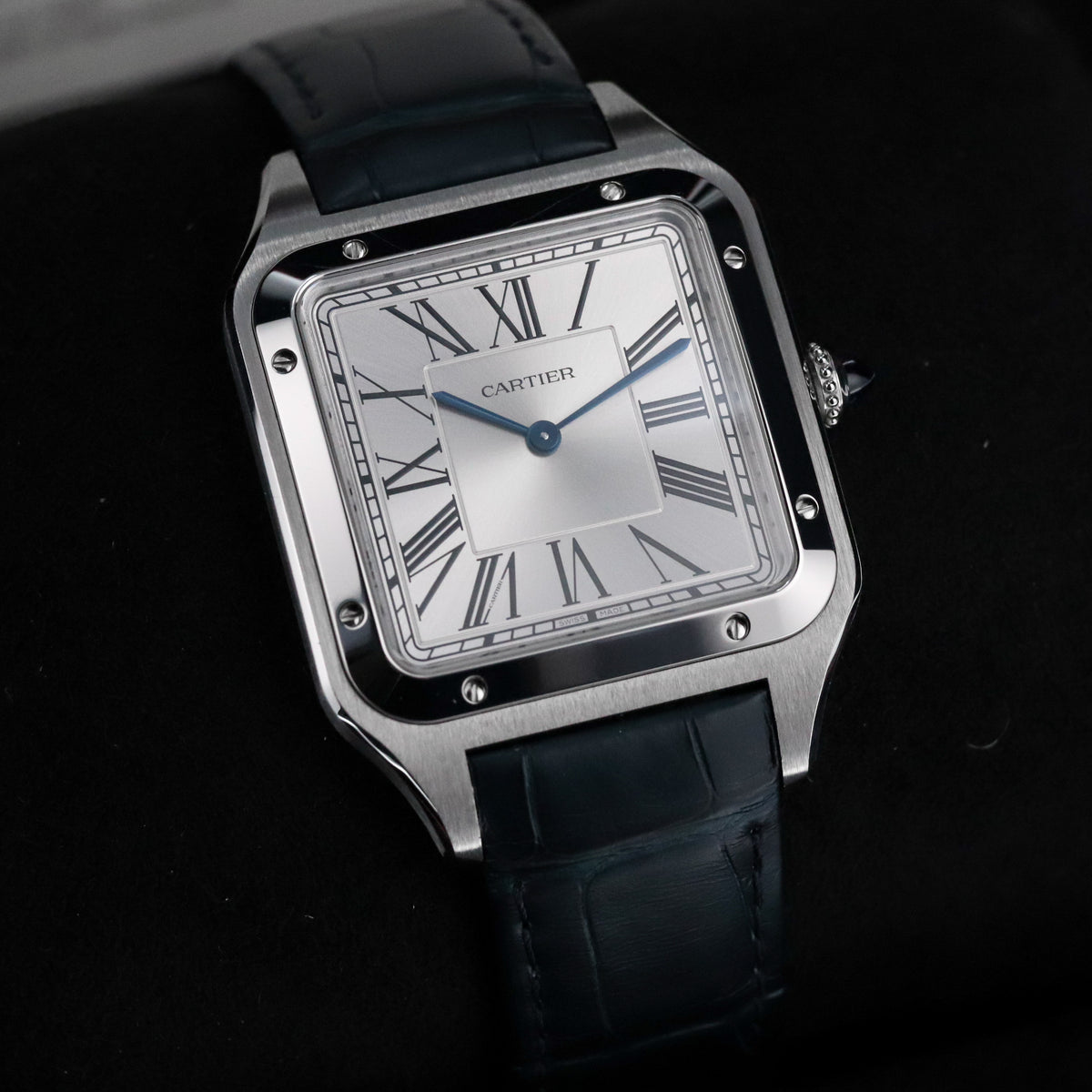 Cartier Santos Dumont Xl [2024 Complete] 33.9 mm x 46.6 mm Steel Roman Dial Blue Hands WSSA0032