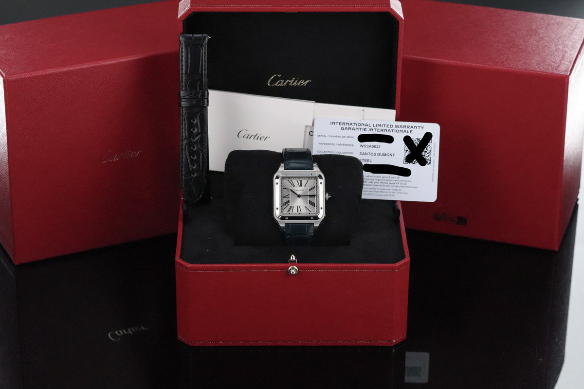 Cartier Santos Dumont Xl [2024 Complete] 33.9 mm x 46.6 mm Steel Roman Dial Blue Hands WSSA0032