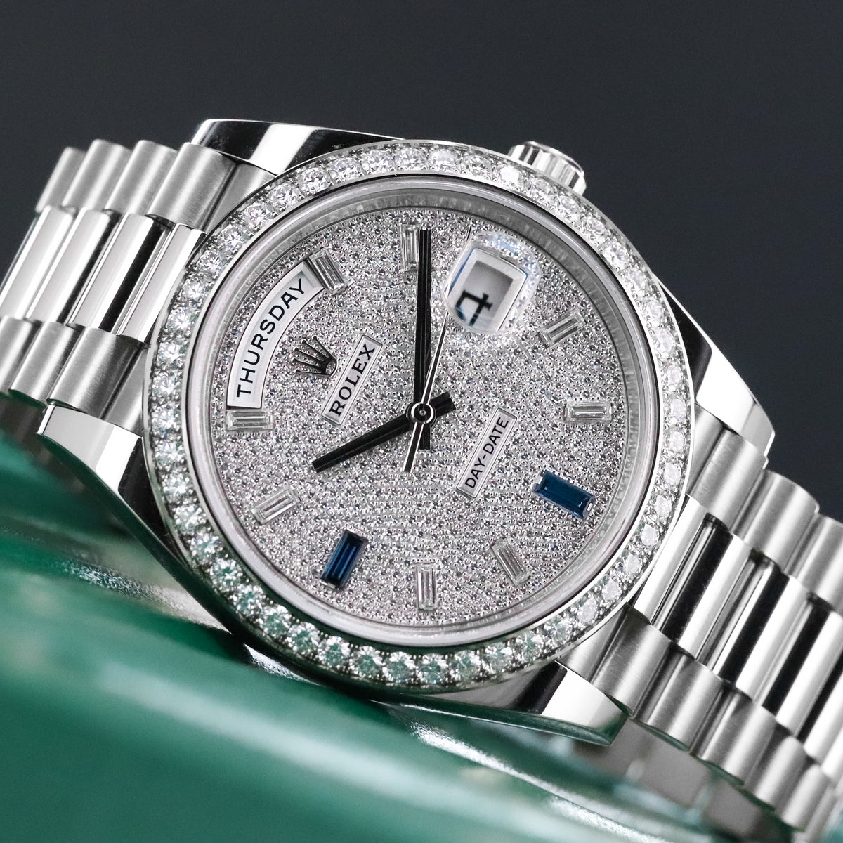 Rolex Day-Date 40 40mm Pave Silver Dial White Gold Diamond Bezel Jubilee Bracelet 2025 Complete Set