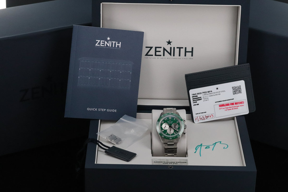 Zenith Chronomaster Sport [2023 Complete] Aaron Rodgers 1/250 Green Dial Bezel Steel 03.3117.3600