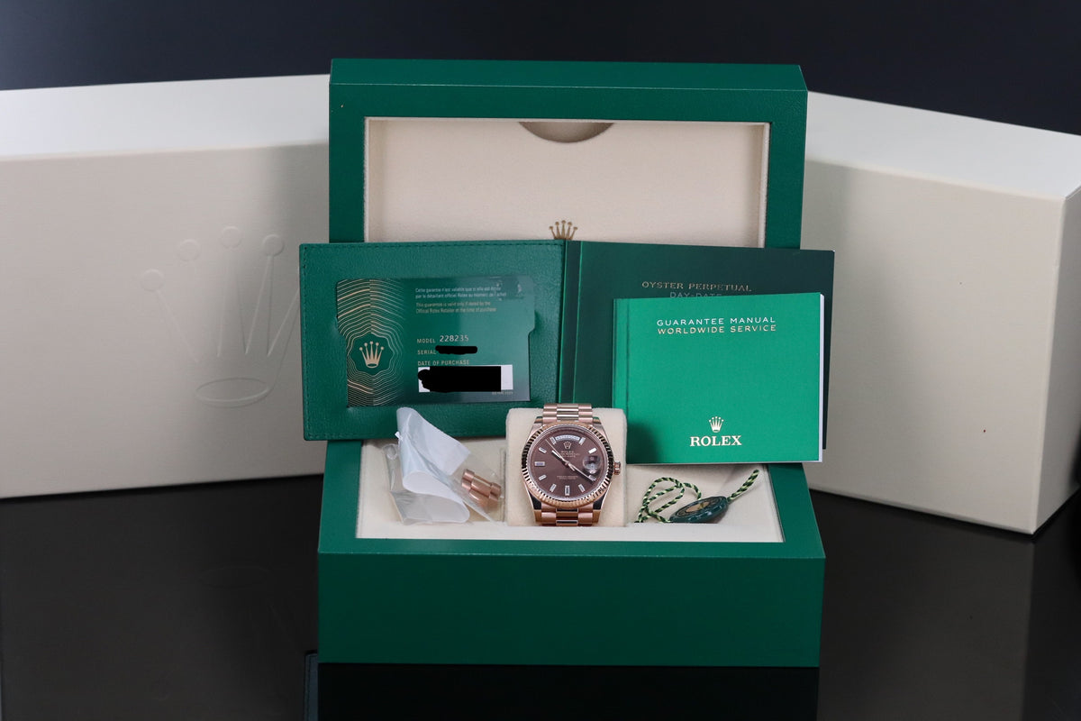 Rolex Day Date 40mm Chocolate Baguette Dial Rose Gold 228235