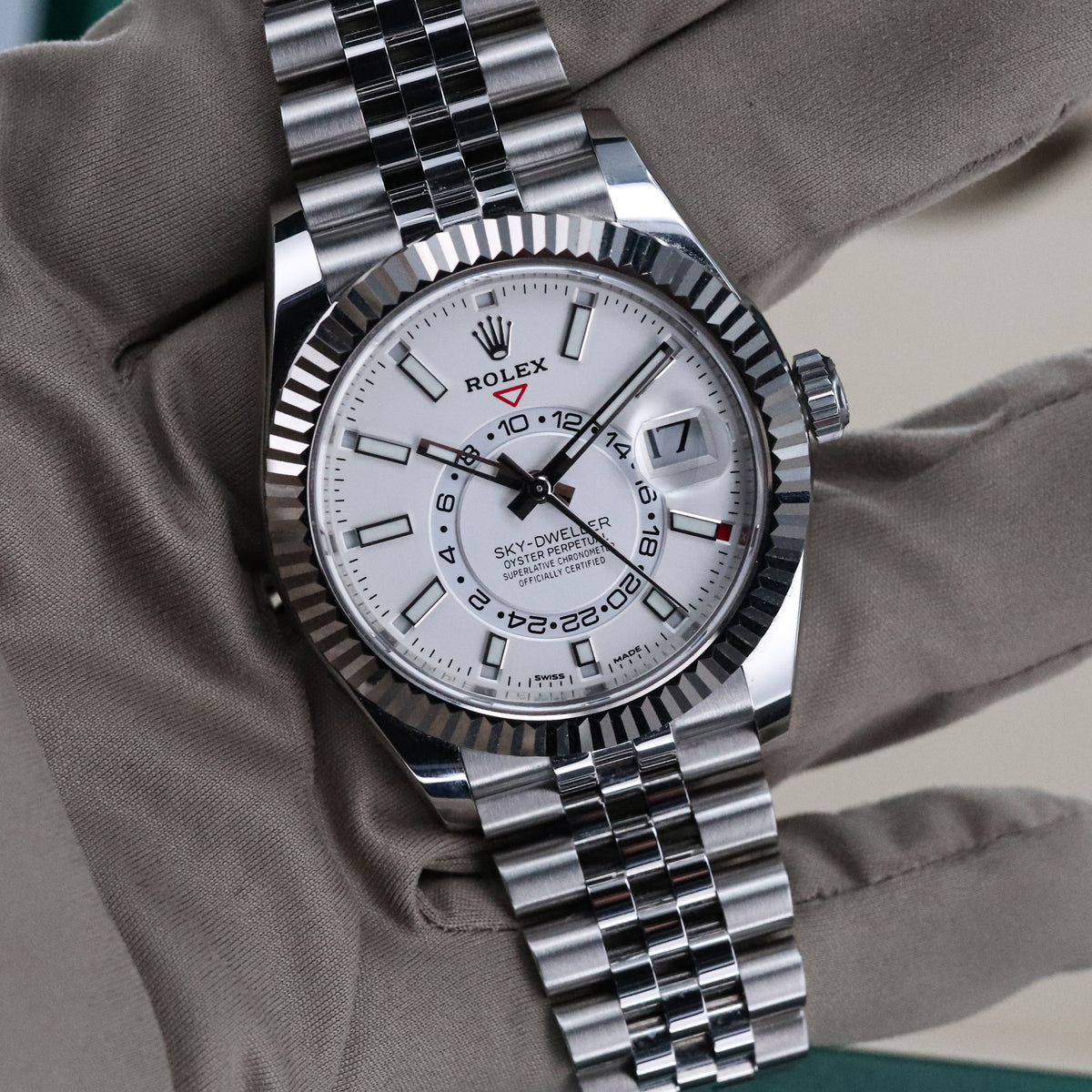 Rolex Sky-Dweller White Dial 42mm Fluted White Gold Bezel Jubilee Steel 326934